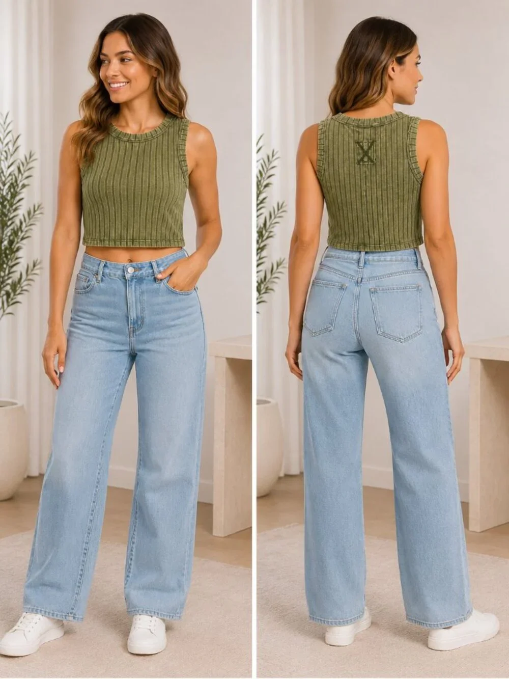 🫒💚 Zenana Ribbed Cropped Tank Top Olive Green Size M - Picture 1 of 8